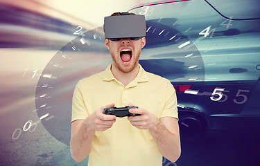 Image showing man in virtual reality headset and car racing game