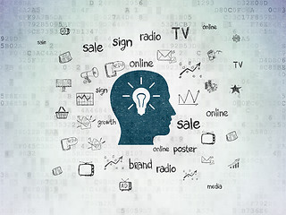 Image showing Advertising concept: Head With Light Bulb on Digital Data Paper background