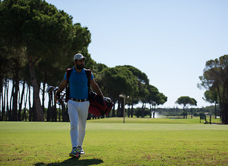 Image showing golf player walking and carrying bag