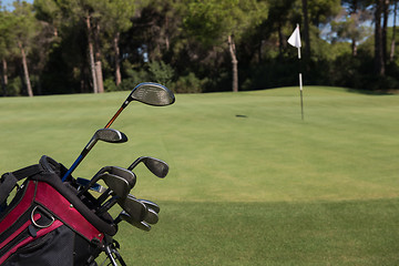 Image showing close up golf bag on course