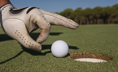 Image showing man\'s hand putting golf ball in hole