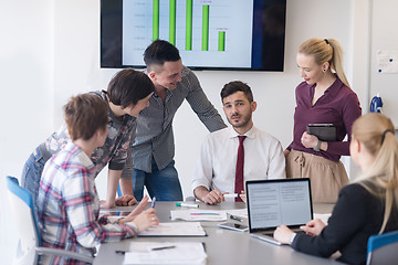 Image showing young business people group on meeting at modern office