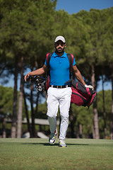 Image showing golf player walking and carrying bag