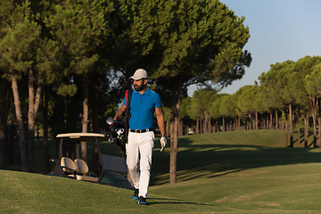 Image showing golfer  walking and carrying golf  bag