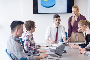 Image showing young business people group on meeting at modern office