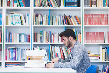 Image showing portrait of student while reading book  in school library