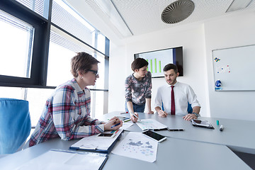Image showing young business people group on meeting at modern office