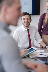 Image showing young business people group on meeting at modern office