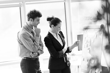 Image showing young couple working together and taking notes on flip board at 