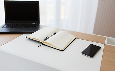 Image showing notebook, laptop and smartphone on office table