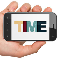 Image showing Time concept: Hand Holding Smartphone with Time on  display