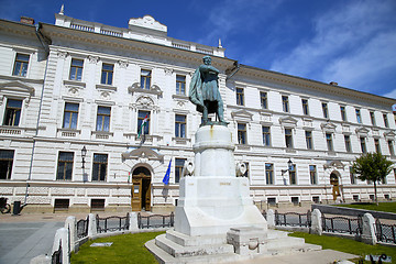 Image showing Statue of Lajos Kossuth and governmental building in Pecs, Hunga