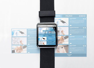 Image showing close up of black smart watch with world news page