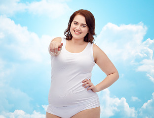 Image showing plus size woman in underwear pointing finger