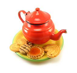 Image showing red teapot and biscuits