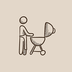 Image showing Man at barbecue grill sketch icon.
