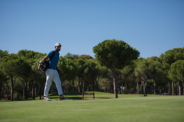 Image showing golf player walking and carrying bag