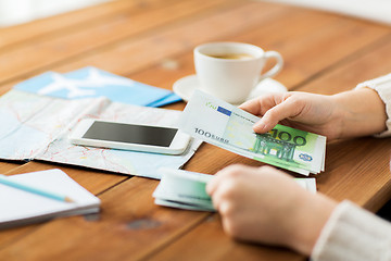 Image showing close up of traveler hands counting euro money