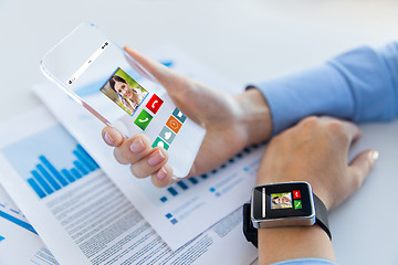 Image showing close up of hands with smart phone and watch