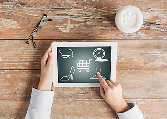 Image showing close up of female hands with tablet pc and coffee