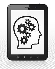 Image showing Business concept: Tablet Pc Computer with Head With Gears on display