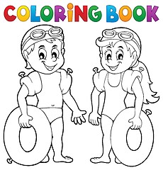 Image showing Coloring book boy and girl swimmers