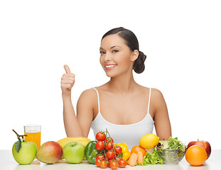 Image showing woman gives thumbs up with fruits and vegetables