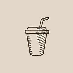 Image showing Disposable cup with drinking straw sketch icon.