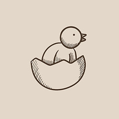 Image showing Chick peeking out of egg shell sketch icon.