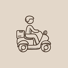 Image showing Man carrying goods on bike sketch icon.