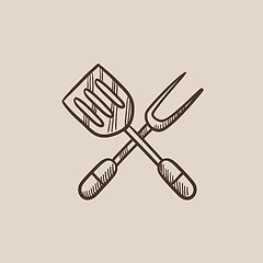 Image showing Kitchen spatula and big fork sketch icon.
