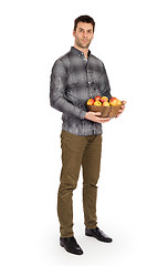 Image showing Healthy man with bowl full of apples