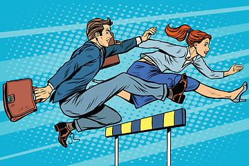 Image showing Business competition woman and man running