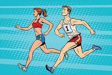 Image showing Man woman athletes running track and field summer games
