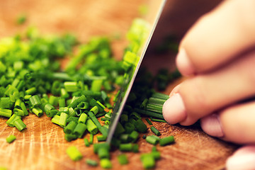 Image showing close up of woman chopping green onion with knife