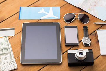 Image showing close up of smartphone and travel stuff