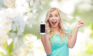 Image showing happy young woman or teenage girl with smartphone