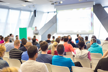 Image showing Male speeker having talk at public event.