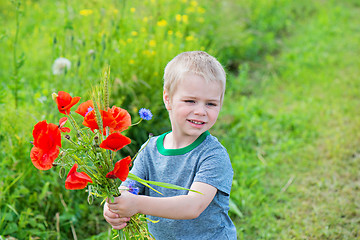 Image showing Cute boy with bunch of red poppies