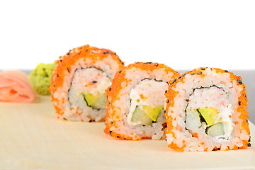 Image showing Closeup California maki sushi in row