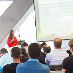 Image showing Female speeker having talk at public event.