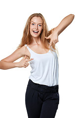 Image showing Woman pointing at herself 