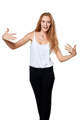 Image showing Woman pointing at herself 