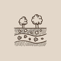 Image showing Cut of soil with different layers and trees on top sketch icon.