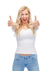 Image showing happy young woman or teenage girl in white t-shirt