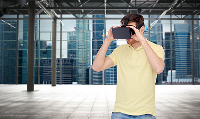 Image showing happy man in virtual reality headset or 3d glasses