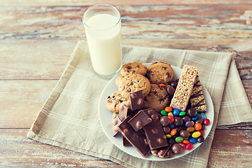 Image showing close up of sweet food and milk glass on table