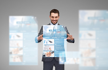 Image showing businessman working with world news projection