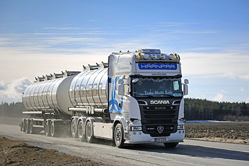 Image showing White Scania Euro 6 Tank Truck on the Road at Spring