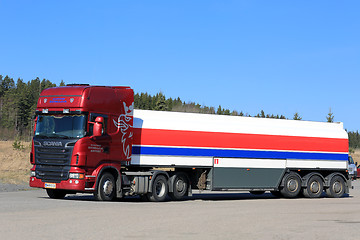 Image showing Red Scania R580 Semi Tank Truck and Blue Sky